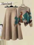 Winter Warm Knitted Two Pieces Sets For Women Long Sleeve Print Sweater And High Waist Knitting Skirts Set Womens