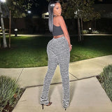 Spring Striped Casual Pants Knitted And Stitched Sexy Slim High Waist Personality Long Trousers-Outfit