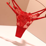Fongt Sexy Embroidery Lady T-Word T-Tants Lace Transparent Hollow Seduction Hot Red Life Year Tpants