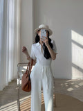 Women Elegant Summer New French Short Sleeve T-shirt Tight Pearl Button Lapel Blouse