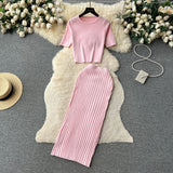 Fongt Hot Girl Suit Female Summer Korean Version Round Collar Knit Short Sleeve Short Jacket High Purse Hip Skirt Two Sets-Outfit