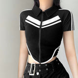 Black-And-White Color Matching Function Wind Zipper Short-Sleeved T-Shirt Street Trend Slim Hot Girl Navel Blouse Girl-Outfit