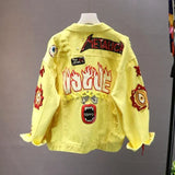 / Yellow Jeans Jacket New Spring Autumn Women's Graffiti Alphabet Printing Lace Bow Pin Hole Denim Jacket Student Basic