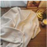 Autumn And Winter New Large Version Of Korean V-Collar Solid Color Lazy Breeze Loose Sweater Blouse-Outfit