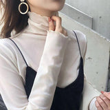 Fongt Korean Chic Early Spring New Half High Collar Wood Ear Mesh Bottom T-Shirt Repair Perspective Body Clothes Female-Outfit