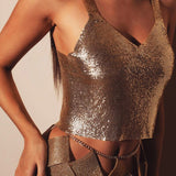 V Neck Slim Metal Sequins Tops Camisole 2023 Shiny Solid Sleeveless Spaghetti Strap Fashion Celebrity Nightclub Party
