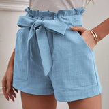 Fongt 2025 Summer Women's Loose Flax Leisure Shorts Pocket Solid Colored High-Rise Broad Legs