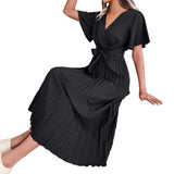 Explosion Real Shooting Spring And Summer Temperament Cross V Collar Big Swing 100-Fold Dress Women's