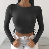 Fongt 2024 Women's New Irregular Slim Side Rope Long-Sleeve T-Shirt Short Top-Outfit