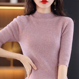 Fongt Summer Slim Head Five Minute Sleeve Bottom Top New Half High Collar Solid Color Simple Medium Sleeve Sweater Women-Outfit