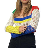 Hollow Out Women's Sweater Square Collar Patchwork Long Sleeve Sweaters Pullovers 2021 Autumn Ladies Sweet Fashion