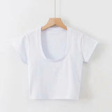Fongt Solid Color Slim Sexy Female Short Sleeve U Collar T Shirt Basic Korean Version Short Jacket Ebay-Outfit