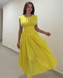 Fongt New Sweet Pure Want To Collect Waist Thin A Word French Girl Folds Splicing Short Sleeve Long Dress Woman