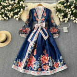 Fongt Style Retro Print Temperament Dress Female Long Sleeves With Thin Belt V-Neck Dress Long Dress