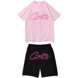 Devil Island Rose Red Letter Printed Short-Sleeved T-Shirt Casual Shorts Set For Men And Women-Outfit