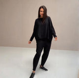 Fongt 2025 New Women's Solid Color Round-Neck Long-Sleeved Set Pocket Casual Pants Trousers