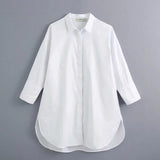 2021 women simply style buttons decoration casual white poplin blouse office lady side split shirts chic blusas tops