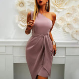 Inclined Shoulder Solid Sleeveless Belt Party