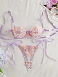 Ribbon Tie Up Embroidery Flower Half Cup Lingerie Set-Outfit
