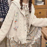 New Embroidered Hooded Sweater Women Long Sleeve Hem Tassel Cardigan Sweater