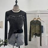 Design Feel Niche Cowboy Splicing Long-Sleeved Mesh T-Shirt Girl Summer Round Collar Dress Short Top