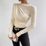 Fongt Summer Solid Color Round Collar Repair Shirt Bran Folding Design Women's Long-Sleeved Top