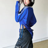 Fongt 2024 New Women's Unique Number Print Side Stripe Drawstring Design Top-Outfit