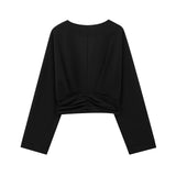 Fongt Decorative Short Top 2025 Spring Women's Long-Sleeved V-Neck Buckle Short Shirt