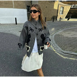 Bow Printed Knitted Cardigan-Outfit