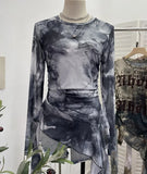 Real Shooting Babes Long Sleeves And Jersey Net Yarn Dye Printing Irregular Lotus Leaf Edge Ribbon Folding Top
