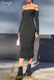 Women's Black Brown Sky Blue Off Shoulder Long Sleeve Sexy Celebrity Party Skinny Elegant Long Bandage Dress