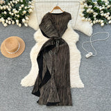 Fongt Folded Dress Design Irregular Lotus Leaves Side To Receive Waist Repair Bright Silk Pressure Folds