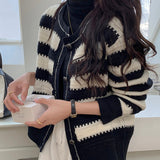 Fongt Waxy Small Fragrant Wind Sweater Coat Female 2024 New Design Sense Small Black And White Striped Knit Cardigan Short Female-Outfit