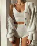 White Knit Fuzzy Three Piece Set-Outfit