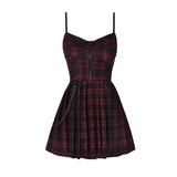 Girls Red Plaid Pleated Emo Alt Dress Y2K Zip Up Robe Femme Punk Black Spaghetti Strap Mini Short Jurken Goth