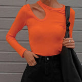 Fongt New Irregular Hollow Long Sleeve T-Shirt Women's Round Collar Solid Color Slim Bottom Top-Outfit