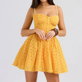 Yellow Strap Jacquard Lace Mini Dress-Outfit