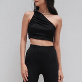 Ruched One Shoulder Crop Top-Outfit
