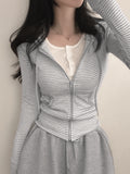 Fongt Fresh Sweet Spicy Wind Striped Hooded Collar Jacket With Thin Short Cardigan Long-Sleeved Top Autumn Dress New