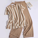 Fongt Temperament Famous Knitted Fashion Suit Round Collar Vertical Fork Short Sleeve Top + High-Waisted Solid Trousers