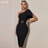 One Shoulder Midi Black Bow Bandage Dress Outfits Sexy Women's Diamonds Sashes Sleeveless Club Evening Summer Party