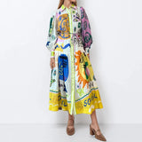 Fongt Women's New Retro Print Lantern Sleeve Waist Large Hem Dress