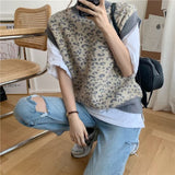 2021 New Spring Winter Women Sweaters Pullover Leopard Sleeveless Korean Style Knitted Vintage Wild Vests