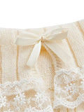 Women Off Shoulder Sweaters Long Sleeve Lace Patchwork Knitted Ribbed Pullovers Front Bow Jumpers Top Streetwear 2023-Outfit