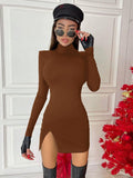 Fongt And Sexy Slit Dress Autumn 2024 New Long-Sleeved High Collar Temperament Skirt-Outfit