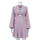 Fongt Women's Wear 2023 Summer New Fashion Long-Sleeved V-Neck Careful Machine Dress Print Show Thin French Skirt-Outfit