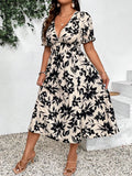 Fongt Large Size Women's V-Neck Print High-Waisted