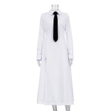 Fongt Women's Wear Early Spring 2024 New Temperament College Wind Lapel Long Sleeve Split Dress Tie Long Skirt-Outfit