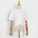 Casual Ruched Irregular T Shirt For Women O Neck Short Sleeve Solid T Shirts Females Summer Fashion 2021