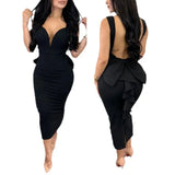 Fongt Temperament Elegant Solid Color Wrap Hip Dew Back Deep V High Waist Bow Stretch Slit